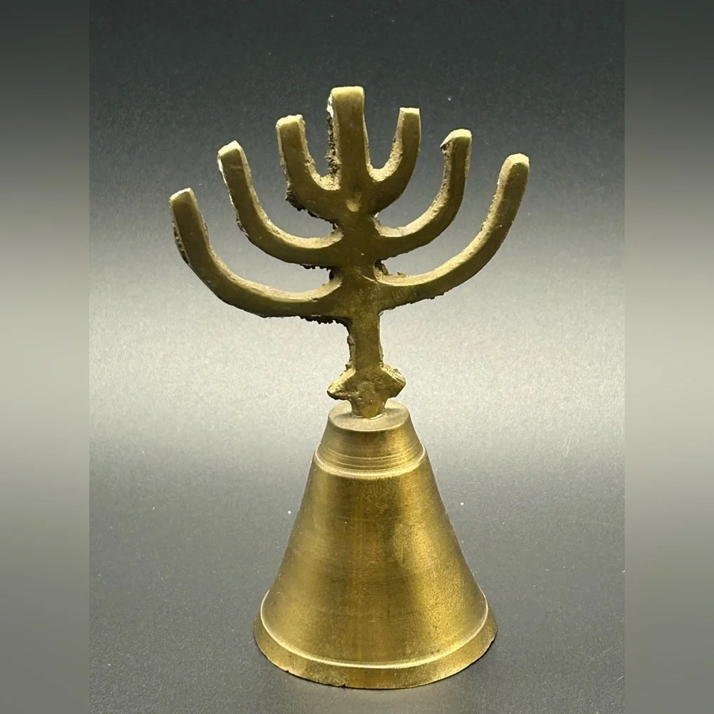 Small Vintage Solid Brass Menorah Bell 7 Candles - Picture 2 of 4